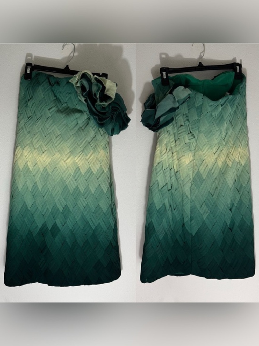 Mikael Aghal woven green ombre rosette one shoulder cocktail dress size 10